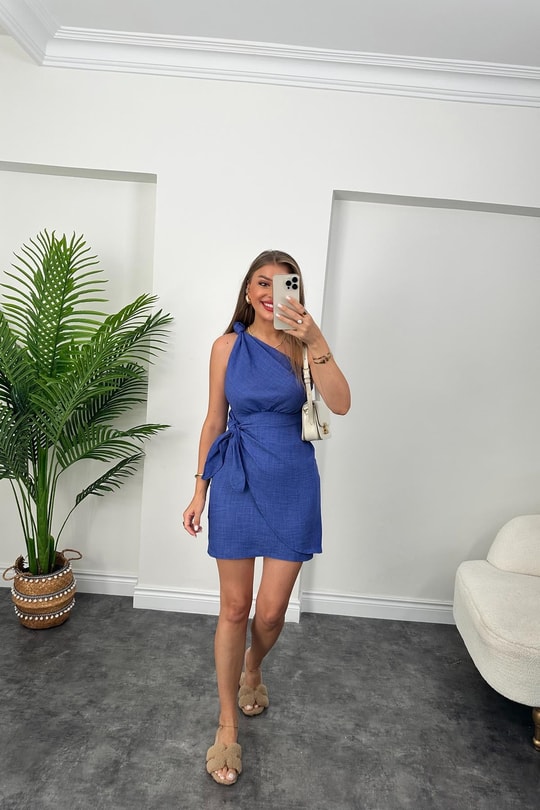 Lüx Kalite Tek Omuz Helen Model Anvelop Keten Elbise Koyu İndigo Mavi
