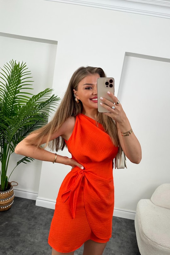Lüx Kalite Tek Omuz Helen Model Anvelop Keten Elbise Oranj