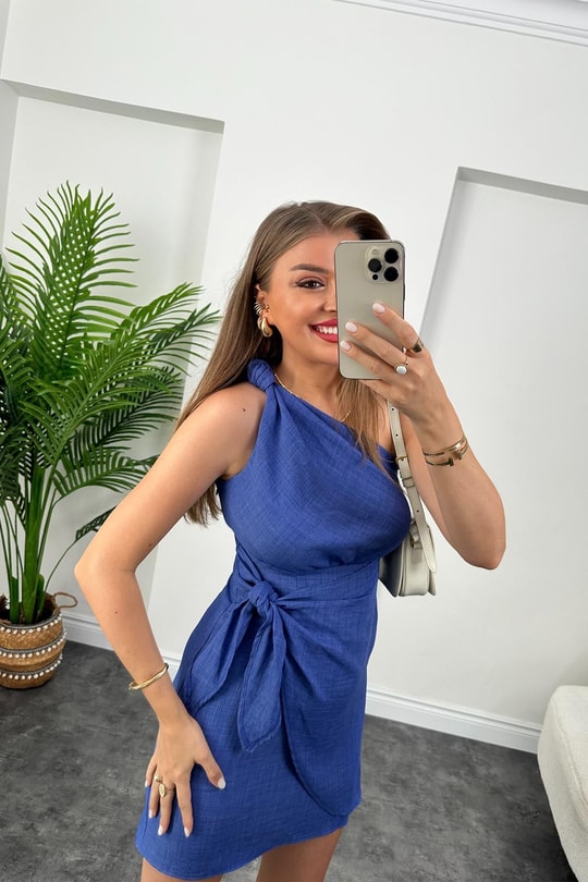Lüx Kalite Tek Omuz Helen Model Anvelop Keten Elbise Koyu İndigo Mavi