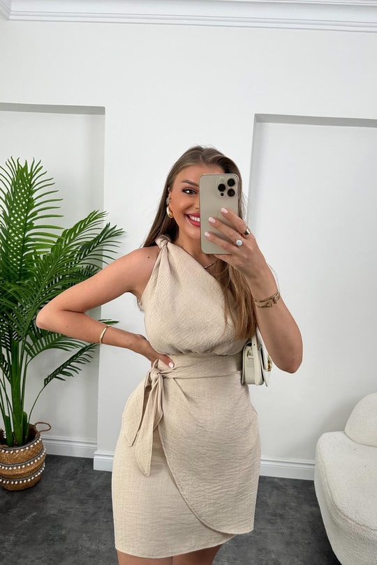 Lüx Kalite Tek Omuz Helen Model Anvelop Keten Elbise Taş