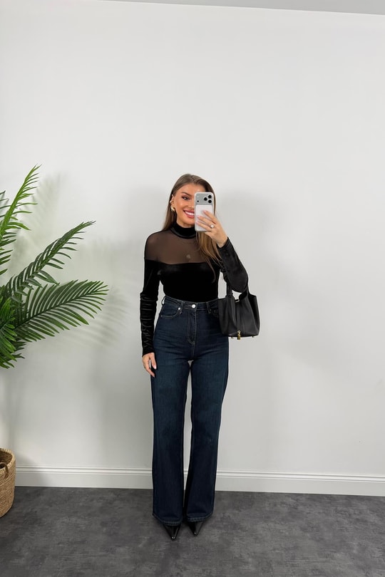 Lüx Kalite Transparan Detaylı Tasarım Kadife Bodysuit