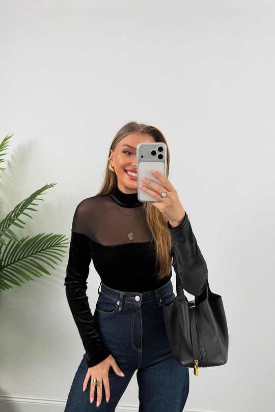 Lüx Kalite Transparan Detaylı Tasarım Kadife Bodysuit