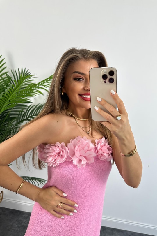 Lüx Kalite Yakası Çiçekli Likralı Tasarım Örme Elbise  Pembe
