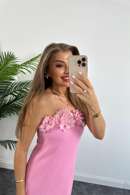 Lüx Kalite Yakası Çiçekli Likralı Tasarım Örme Elbise  Pembe