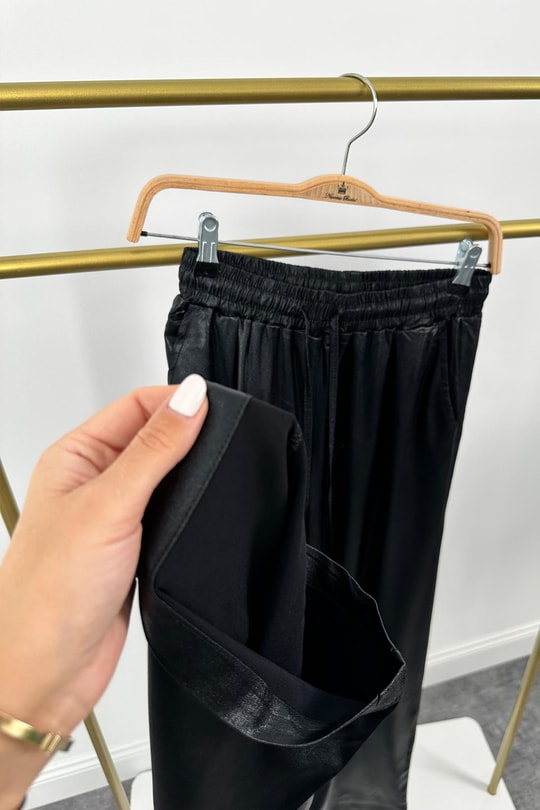 Lüx Kalite Yumuşak Dokulu Beli Lastikli Metalik Siyah Palazzo Pantolon