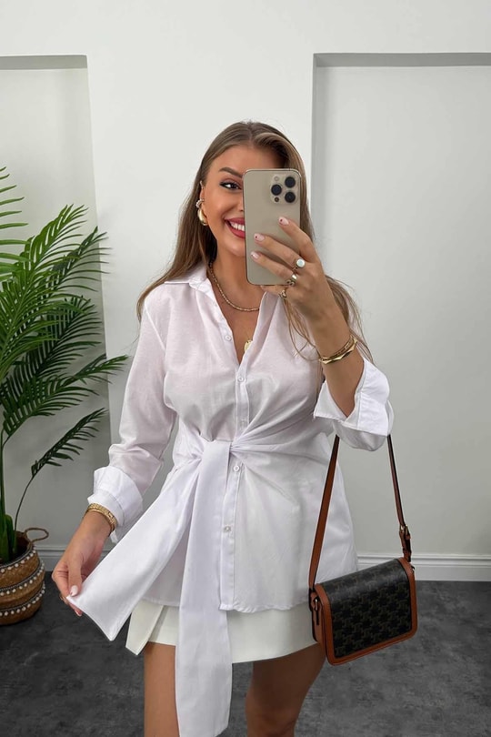 Mango Model Bağlamalı Tasarım Gömlek Beyaz 