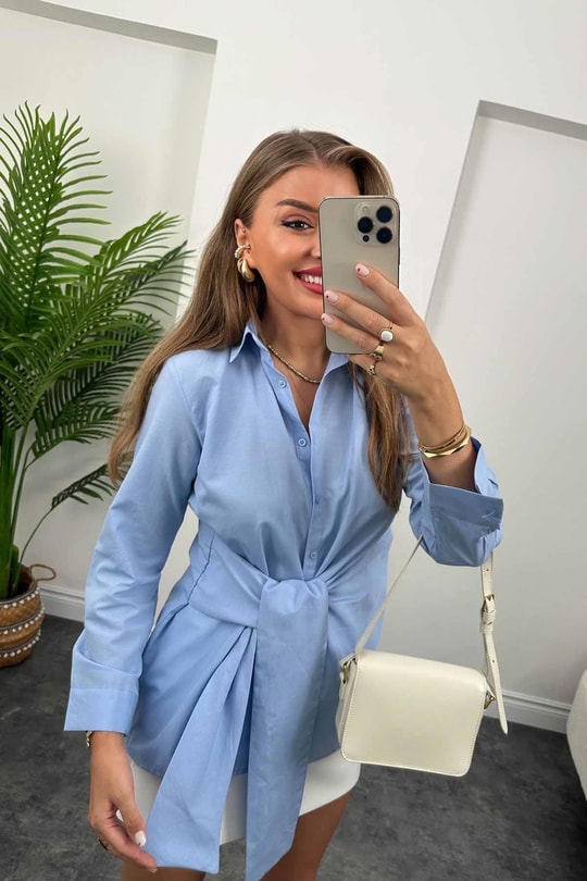 Mango Model Bağlamalı Tasarım Gömlek Mavi