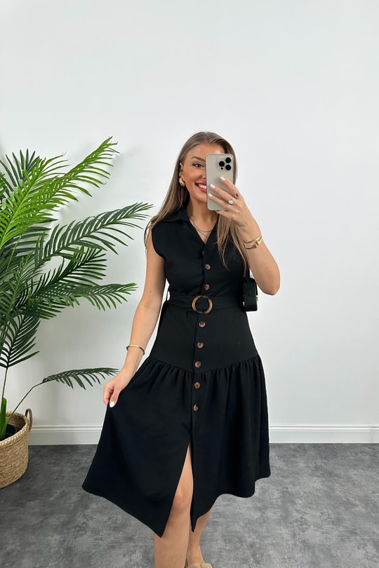 Mango Model Düğmeli Kemerli Keten Elbise Siyah