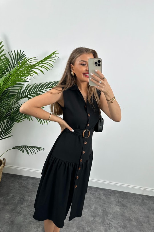 Mango Model Düğmeli Kemerli Keten Elbise Siyah