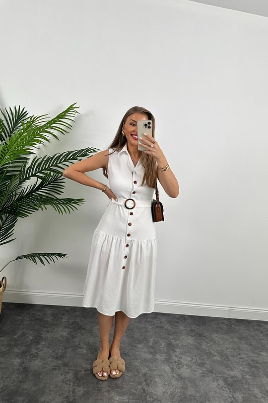Mango Model Düğmeli Kemerli Keten Elbise Beyaz