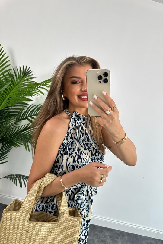 Marka Model %100 Pamuk Keten Mavi Desenli Maxi Elbise