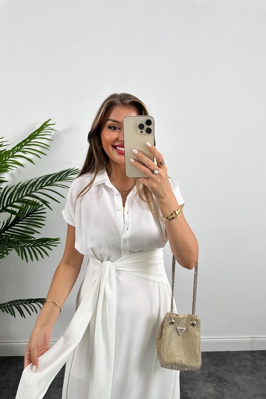Marka Model Beli Kuşakli Midi Boy Kloş Elbise Beyaz