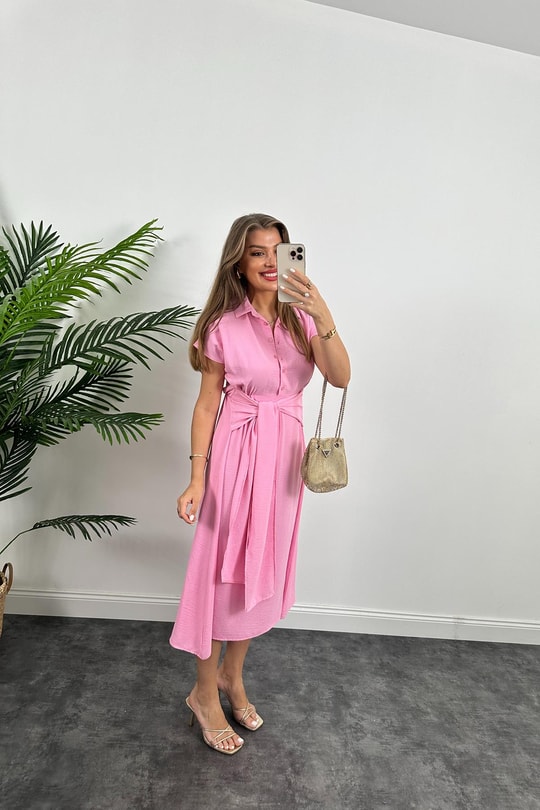 Marka Model Beli Kuşakli Midi Boy Kloş Elbise Şeker Pembe