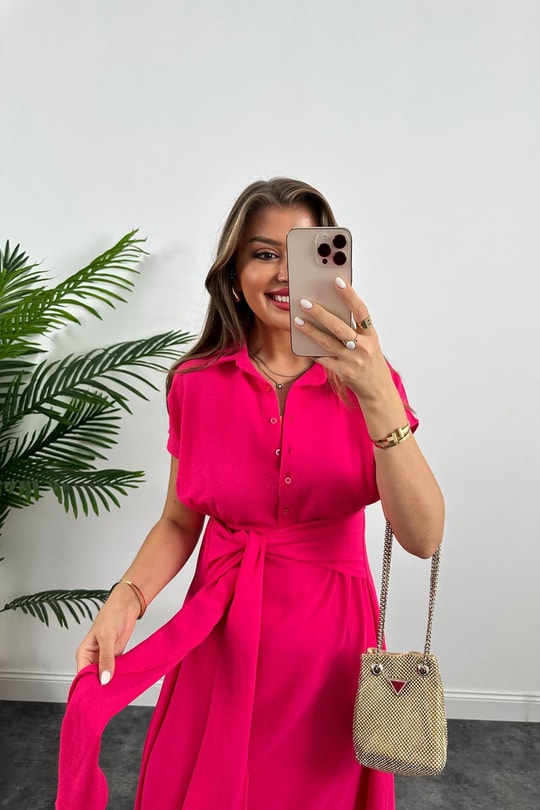 Marka Model Beli Kuşakli Midi Boy Kloş Elbise Fuşya