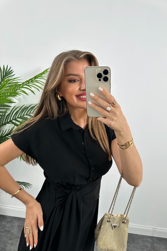 Marka Model Beli Kuşakli Midi Boy Kloş Elbise Siyah