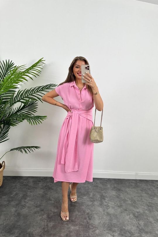 Marka Model Beli Kuşakli Midi Boy Kloş Elbise Şeker Pembe