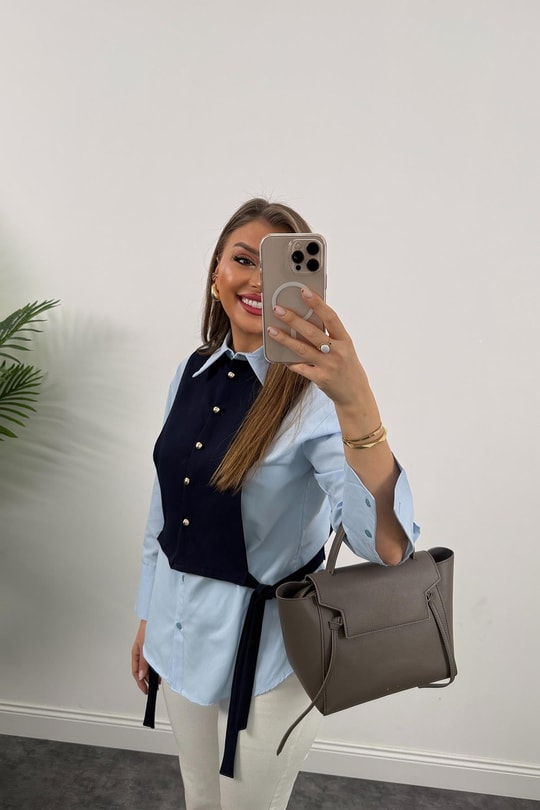 Marka Model Birleşik Tasarım Gömlek Yelek 2'li Takım Lacivert Mavi