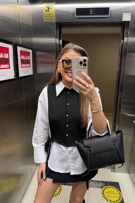 Marka Model Birleşik Tasarım Gömlek Yelek 2'li Takım Siyah Beyaz