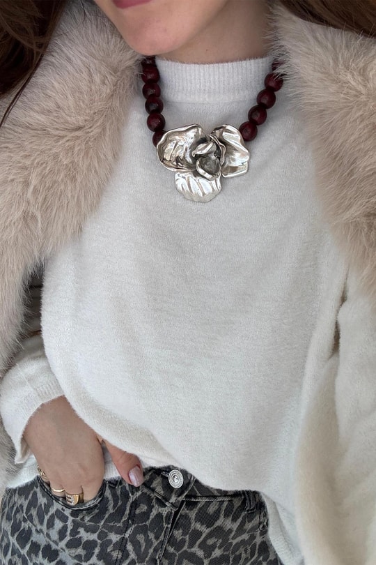 Marka Model Bordo Boncuk Çiçek Kolye Gümüş