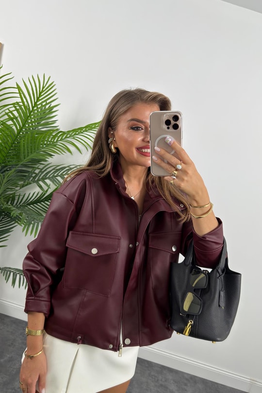 Marka Model Dik Yaka Deri Ceket Bordo