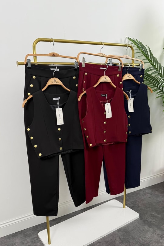 Marka Model Gold Düğmeli Yelek Pantolon Takım Siyah 