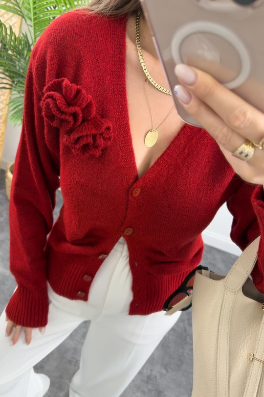 Marka Model Gül Broşlu Basic Yumoş Hırka Kırmızı
