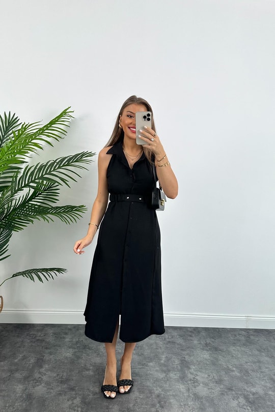 Marka Model Halter Yaka Tasarım Keten Aerobin Elbise Siyah