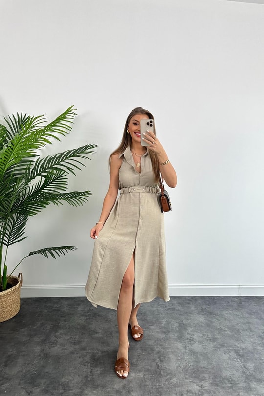 Marka Model Halter Yaka Tasarım Keten Aerobin Elbise Taş