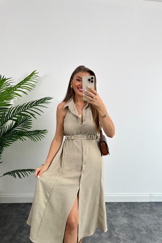 Marka Model Halter Yaka Tasarım Keten Aerobin Elbise Taş