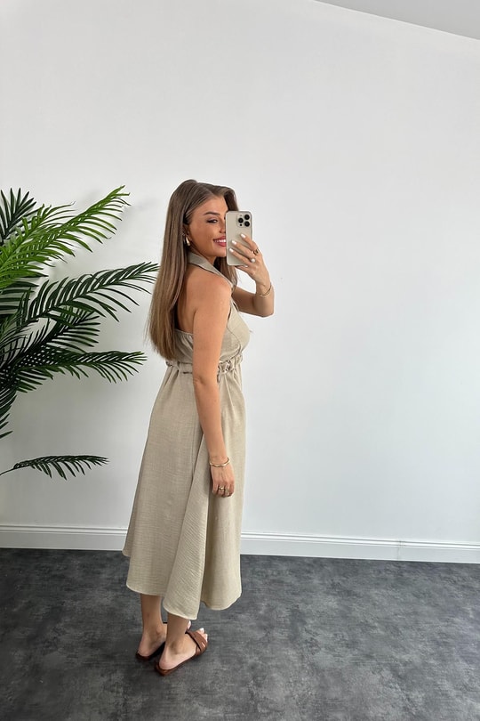 Marka Model Halter Yaka Tasarım Keten Aerobin Elbise Taş