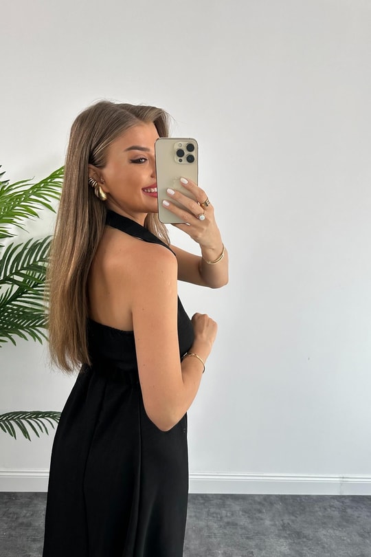Marka Model Halter Yaka Tasarım Keten Aerobin Elbise Siyah