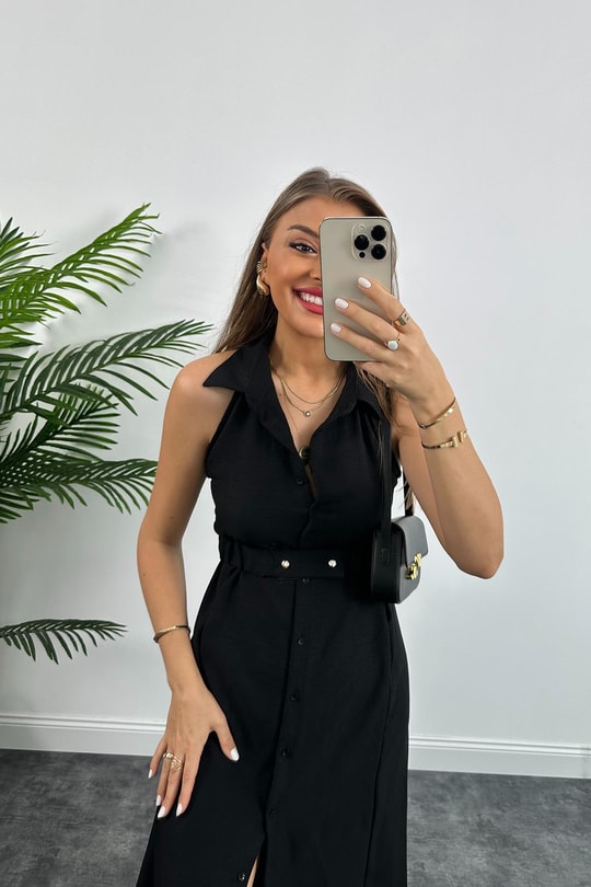 Marka Model Halter Yaka Tasarım Keten Aerobin Elbise Siyah