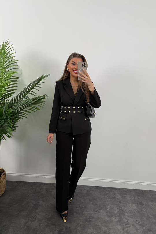 Marka Model Kemeri Zımbalı Tasarım Blazer Ceket Siyah