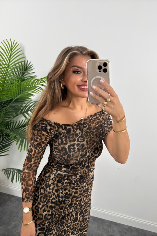 Marka Model Likralı Leopar Tül Elbise
