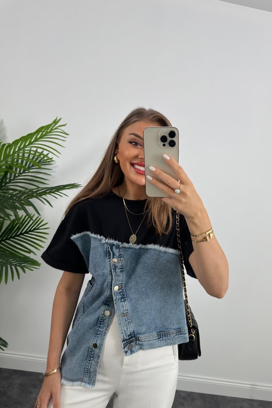 Marka Model Lüx Kalite Jean Mixli Bluz Siyah
