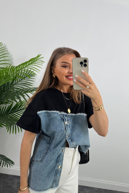 Marka Model Lüx Kalite Jean Mixli Bluz Siyah