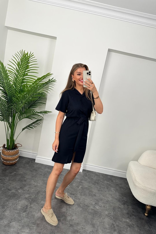 Marka Model Lüx Kalite Polo Yaka Kuşaklı Basic Elbise Lacivert