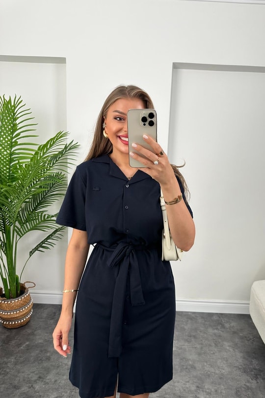 Marka Model Lüx Kalite Polo Yaka Kuşaklı Basic Elbise Lacivert