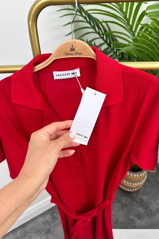 Marka Model Lüx Kalite Polo Yaka Kuşaklı Basic Elbise Kırmızı