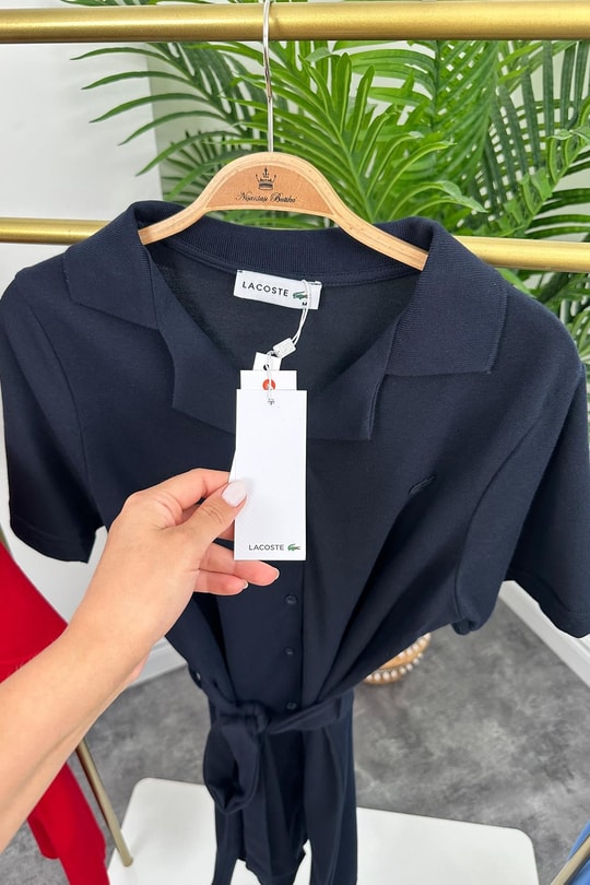 Marka Model Lüx Kalite Polo Yaka Kuşaklı Basic Elbise Lacivert