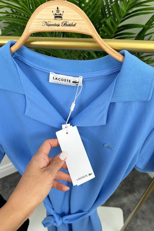 Marka Model Lüx Kalite Polo Yaka Kuşaklı Basic Elbise İndigo Mavi