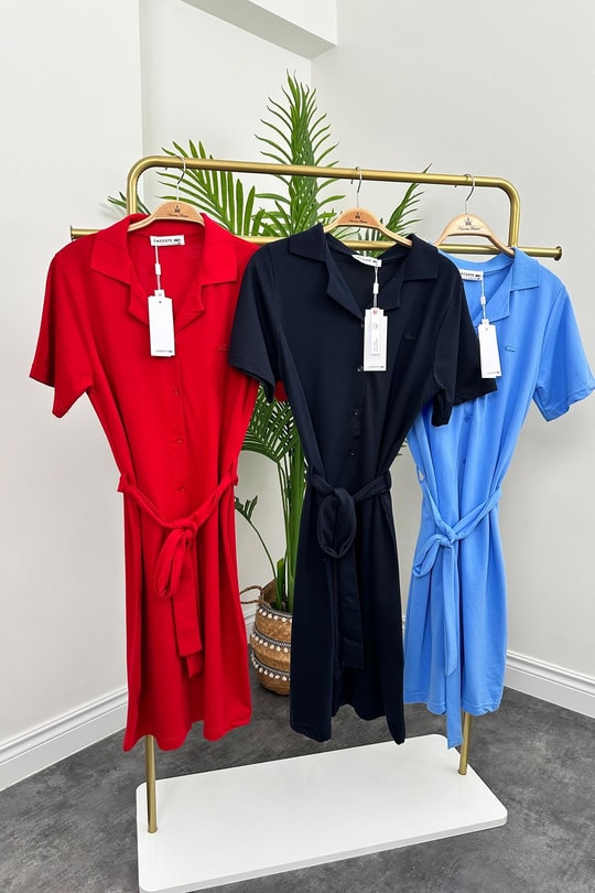 Marka Model Lüx Kalite Polo Yaka Kuşaklı Basic Elbise Lacivert
