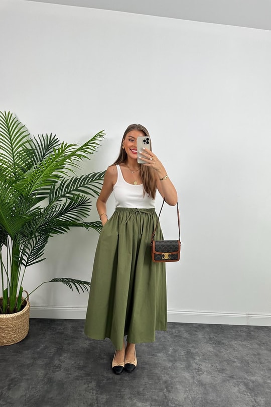 Marka Model maxi Boy Beli Lastikli Basic Poplin Etek Haki