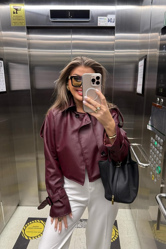Marka Model Omuzları Apoletli Deri Ceket Bordo