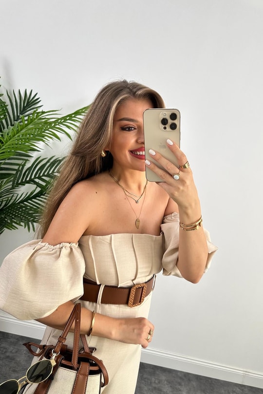 Marka Model Prenses Kol Kemerli Bol Paça Keten Tulum