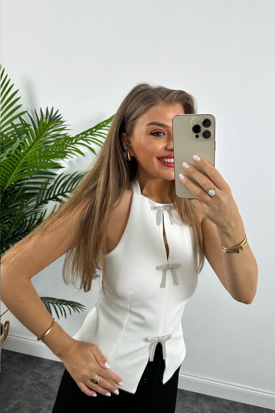 Marka Model Tasarım Fiyonklu Bluz Beyaz