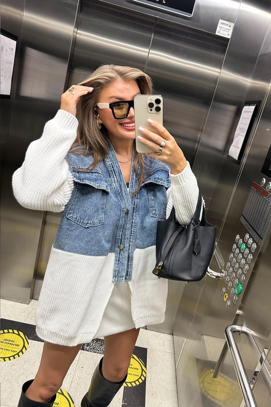 Marka Model  Üstü Mavi Jeanli Triko Mixli Tasarım Ceket Ekru
