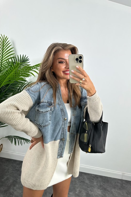 Marka Model  Üstü Mavi Jeanli Triko Mixli Tasarım Ceket  Taş