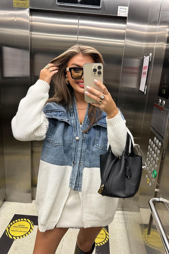Marka Model  Üstü Mavi Jeanli Triko Mixli Tasarım Ceket Ekru
