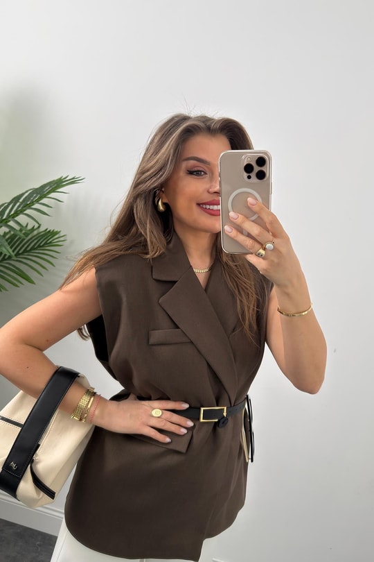Marka Model Vatkalı Kemerli Pamuk Dokuma Kumaş Yelek Koyu Kahve